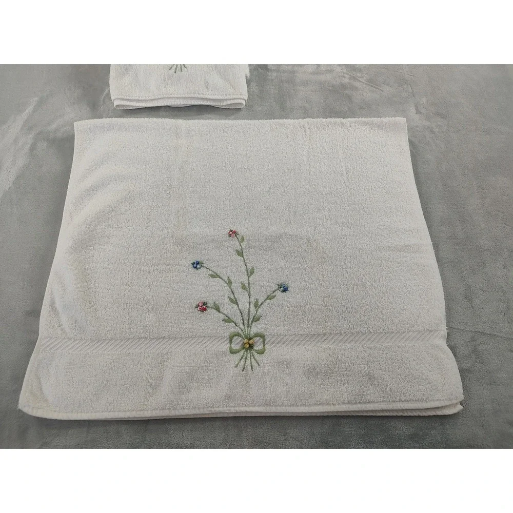 Vintage Fieldcrest Embroidered Floral Towel Set 6pc Cotton Cream Made in USA